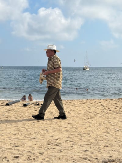 An older man in a white hat, patterned shirt, and dark pants stands on a sandy beach holding sandals. Behind him is a calm sea with a sailboat in the distance. Two people are swimming in the water. Logs and partially buried people are present in the foreground. The sky is blue with scattered white clouds. A few birds are flying around.