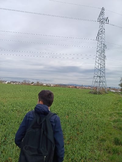 The image presents an outdoor scene in Hoenheim, France, characterized by a predominantly green field under an overcast sky. In the foreground, a person is visible from the back, wearing a dark blue padded jacket and a black backpack. The individual is positioned slightly to the left of the frame's center, facing away from the camera, looking towards the distant landscape.
The midground is dominated by an expansive field of short, green vegetation. To the right, a narrow, unpaved path runs parallel to the field. A prominent, tall, metallic electricity pylon stands on the right side of the frame, emerging from the field, with multiple power lines extending horizontally across the upper portion of the cloudy sky.
In the background, beyond the field, a cluster of residential buildings with light-colored facades and dark roofs is visible, indicating a developed area. Further in the distance, a faint horizon with hints of additional structures or natural undulations is present under the consistent grey cloud cover. The overall lighting suggests an overcast day.