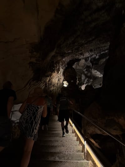 The image depicts a group of people descending a staircase inside a cave, possibly located in Manacor, Spain. The cave features rugged, textured rock formations on the walls and ceiling, illuminated by artificial lighting. A metal railing runs alongside the staircase for support. The people are dressed in casual clothing, with one person wearing a dress with a distinctive black and white pattern. The overall ambiance is dark and cavernous.
