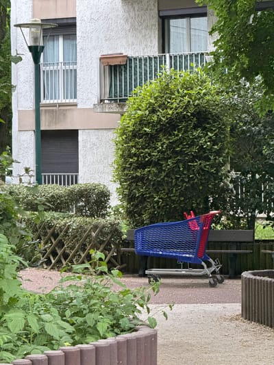 This portrait-oriented image captures an outdoor scene within a residential or urban environment, consistent with a setting like Les Ulis, France.

A blue and red personal shopping trolley is prominently featured on a paved pathway, positioned on the right side of the frame. The trolley has a blue mesh body, a red handle, and a red top edge, and is mounted on a silver-colored metal frame with wheels.

To the left, a light-colored, multi-story building with a textured facade serves as the backdrop. Visible windows include one on an upper floor with a green awning or shutter, another below it with white horizontal grilles, and a lower section displaying a dark roller shutter adjacent to a larger window with multiple panes and white grilles. A green street lamp post with a glass fixture is partially visible in the lower left corner.

The scene is rich with greenery, featuring large, leafy trees that form a canopy at the top and dense, well-maintained bushes and hedges throughout the midground. Additional wilder foliage grows along the edges of the pathway. The pathway itself is reddish-brown, likely concrete or asphalt, and is bordered on the right by brownish-gray concrete elements that resemble textured pavers or stacked blocks. A wooden trellis structure can be glimpsed behind some of the bushes.

No people are present, and no particular activity is taking place; the shopping trolley appears to be stationary or temporarily abandoned. The lighting suggests it is daytime, with diffused light indicating an overcast sky or a shaded area. No discernible text is visible on any objects within the image.