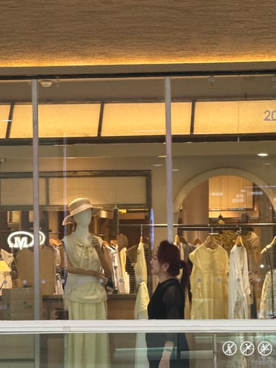 The image appears to be a view through a shop window, likely in Taihe District, China. On the left is a vertical section of a building facade, possibly wood. The window reflects a woman with red hair looking at items within the shop. Inside the shop, there is a mannequin wearing a straw hat and light-colored clothing. There are other light-colored garments displayed on racks behind the mannequin. A circular emblem, possibly a logo, is visible at the bottom of the window. On the far right edge of the frame are symbols that appear to prohibit actions like running and other disruptions.