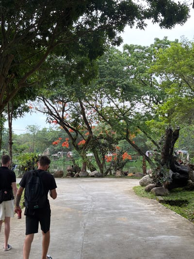 Two men walk along a concrete path in a park-like setting. The man on the left wears a black t-shirt and white shorts, carrying a red can in his right hand. The man on the right wears a black t-shirt and black shorts, with a black backpack. They are walking away from the camera, towards a body of water with several small structures on its edge. Lush green trees and bushes surround the area, with some trees displaying bright orange flowers. Large rocks are scattered along the path and near the water. The overall environment suggests a tropical or subtropical climate. The scene appears to be in the city of Khánh Vĩnh, Vietnam, known for its natural beauty and recreational areas.