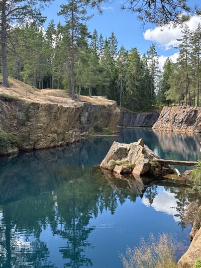 The image depicts a quarry lake located in Säter, Sweden. The water is a vibrant, clear blue, reflecting the surrounding evergreen forest and the sky above. Rocky cliffs, characteristic of a quarry, rise from the water's edge. A large rock formation sits in the middle of the lake, with a fallen log serving as a makeshift bridge to a smaller rock outcrop. A person, partially visible on the right side of the image, is standing near the edge of the quarry, looking out at the lake. The scene is bathed in natural sunlight, suggesting a clear day.