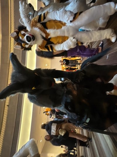 The image shows a gathering of people, many in elaborate costumes resembling animals, known as "furries," likely taken at a convention. The scene appears to be indoors, possibly a hotel or convention center in Atlanta, based on the overall setting.
Notable subjects include individuals wearing full-body furry suits of various colors and animal types. There is a black dog with a collar is being licked by someone in a black furry suit. Other people in casual clothing are standing and walking around in the background. The environment seems busy and crowded.