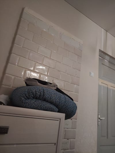 The image shows a tiled stove with light-colored, rectangular tiles. A blue, patterned cushion is placed on top of a dresser. To the right of the stove, there is a light-colored door with a white handle and a light switch on the wall. The lighting is dim, suggesting it might be evening or a poorly lit room. The scene is indoors. The location is identified as Baranavichy, Belarus.