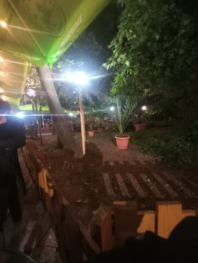 The image depicts an outdoor seating area at night, possibly a restaurant or cafe, located in Parvomay, Bulgaria. A large, lime green umbrella, possibly part of the establishment's branding or shade structure, is prominently featured in the upper left quadrant, displaying text in an unfamiliar script. String lights are visible, contributing to the ambient illumination. In the foreground, a wooden fence separates the seating area from a path or garden. Several potted plants, including a tall palm-like specimen in a pink pot, are scattered throughout the scene. Trees and dense foliage form a backdrop, suggesting a natural or park-like setting. The ground appears to be covered in dirt and leaves, with some paved or cobbled areas visible. A person in dark clothing is partially visible on the left side of the frame. The overall atmosphere is dimly lit, with a sense of a relaxed evening gathering.