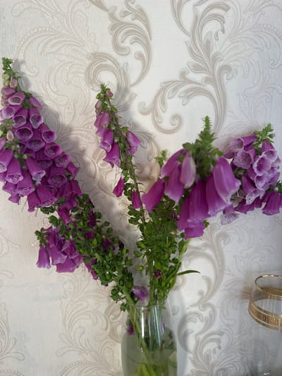 The image shows several stems of purple foxglove flowers arranged on a white tablecloth with a damask pattern. The flowers are in various stages of bloom, with some tightly closed buds and others fully opened bells. The tablecloth has a textured, embossed design of swirling vines and floral motifs. To the right of the flowers, a clear glass vase containing more flowers and greenery is visible, and part of a decorative gold-rimmed object, possibly a glass or vase, is in the upper right corner. The lighting suggests an indoor setting. The scene is static, with the flowers appearing to be recently arranged. There is no visible text in the image. The flowers are the primary subjects, and the overall impression is one of natural beauty presented in a decorative setting. The context provided suggests the location is Борисово, Russia.