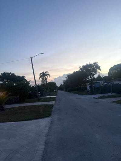 A dusk view captures a residential street in Hollywood, Florida, USA. A light pole with a curved arm holding a streetlamp stands prominently on the left side of the asphalt road, tilted slightly. Palm trees and lush green foliage line the street on both sides. In the background, houses and fences are visible, some with construction barriers. The sky above is a soft gradient of blue transitioning to hues of orange and yellow near the horizon, indicating the sunset. The road surface is asphalt and shows signs of wear with cracks. A sidewalk paved with square tiles runs along the left edge of the road. There are no people or vehicles actively engaged in activity within the frame.