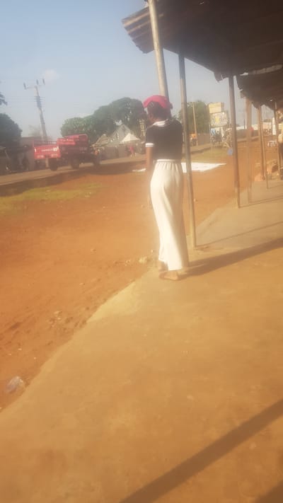 In Wukari, Nigeria, a woman stands facing away from the camera, wearing a black shirt with white trim and a long white skirt, her head adorned with a pink headscarf. She stands on a concrete surface adjacent to a dirt road. To the left, a red tractor with "AGROGN 03" written on it is parked on the dirt road, with other vehicles and people visible in the background. Behind the tractor, a white building with a red roof is situated among trees. To the right of the woman, a covered structure with a corrugated metal roof is supported by poles, and a sign advertising "ARTS COMPUTERS" is visible. The overall environment suggests a marketplace or roadside area under a clear, bright sky.