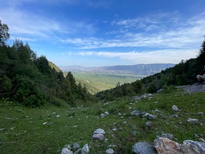 The image depicts a vast valley scene in the vicinity of Khaidarkan, Kyrgyzstan, under a bright blue sky with scattered white clouds. The foreground is a grassy slope dotted with numerous gray and brown rocks. Dense green coniferous trees line the left side of the slope, descending into the valley. The valley itself is a patchwork of green fields and possibly some agricultural land, stretching towards distant, rugged mountains that form the horizon. The lighting suggests it is daytime, likely late afternoon or early evening, given the shadows. On the far right of the image, a person is seated on a rocky outcrop, partially visible and facing away from the camera. The overall environment is natural and mountainous, with evidence of human presence in the form of the person and the cultivated appearance of the valley floor.