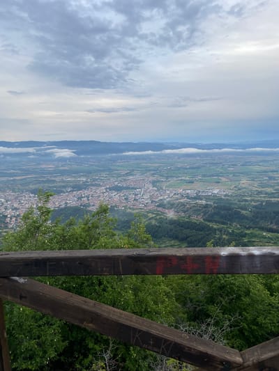 An elevated, wide-angle, overcast view captures a sprawling city nestled within a valley, viewed from a wooden observation deck. The foreground features dark, weathered wooden railings with some graffiti visible, including red markings on the upper rail and etched symbols on the lower rail. Lush green trees and foliage are prominent in the immediate foreground and along the slopes leading down to the city. The city itself, characterized by its densely packed buildings with red-tiled roofs, extends across the valley floor. Beyond the city, agricultural fields and rolling hills form a textured landscape, fading into the distance where a range of hazy mountains under a cloudy sky concludes the scene. The overall atmosphere is serene and slightly muted due to the overcast conditions. This vantage point overlooks the city of Delčevo, Bulgaria.