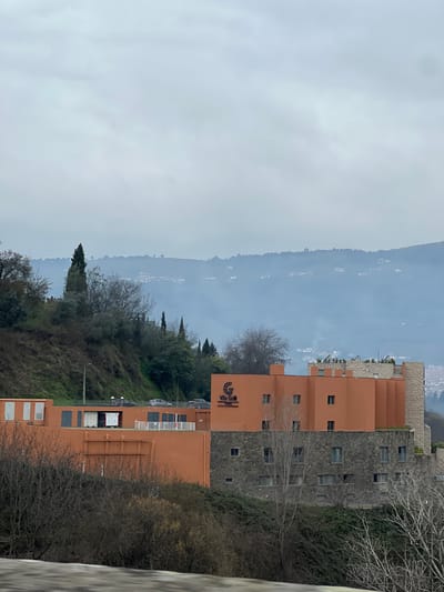 An outdoor, wide-angle photograph taken on an overcast day in Peso da Régua, Portugal, depicts a tiered landscape featuring a hotel complex on a hillside. The sky is uniformly grey with dense cloud cover. In the midground, a multi-story building identified by a prominent "Vila Galé Hotels" sign is centrally positioned. The upper sections of this structure are a warm terracotta orange, featuring multiple rectangular windows. A lower section of the building exhibits a grey, textured stone or concrete facade with numerous smaller, rectangular windows. To the immediate left of the main hotel structure, a separate, lower orange building is visible, topped with several white, rectangular objects and dark, rectangular openings.

Behind these buildings, a steep, heavily vegetated hillside rises, covered with a mix of dark green coniferous trees and bare deciduous trees and shrubs. A paved road is visible on the hillside, ascending from left to right, with at least three dark-colored passenger vehicles parked along it. A light pole is positioned beside the road on the left. In the background, successive layers of hills and mountains recede into a bluish-grey haze, with scattered white or light-colored residential structures faintly discernible on their slopes. No individuals are visible.