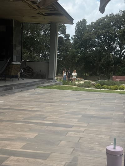 Three individuals and a dog are present in the background of a paved outdoor area. The area appears to be a patio or courtyard, with large, rectangular tiles forming the ground. To the left, a covered structure with dark stone walls and an unfinished ceiling is visible. In the middle ground, a group of people are standing near a garden area with low-lying plants and some rocks. One person is wearing a white tank top and blue jeans, another a dark t-shirt and a baseball cap, and the third a white sweatshirt and white shorts. The dog is a medium-sized, light brown animal standing near the people. Behind them, a dense line of trees forms a natural backdrop, with a cloudy sky overhead. A light purple tumbler with a straw is visible in the foreground on the right. The scene is located in Canalejas, Mexico.