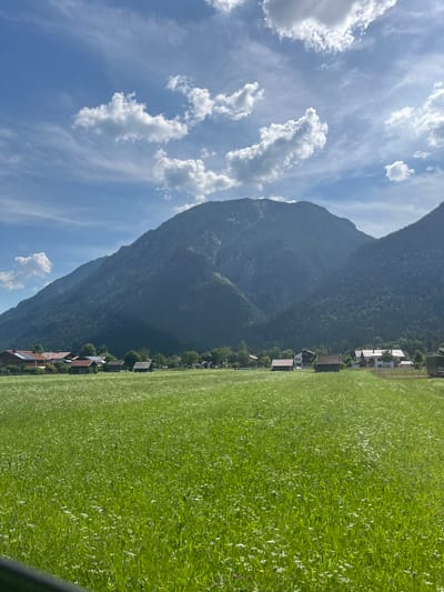 A scenic vista captures a verdant meadow in full bloom, dotted with small white wildflowers, stretching towards a quaint village nestled at the base of a majestic, tree-covered mountain. The sky above is a canvas of bright blue, adorned with wispy white clouds. The village consists of traditional Bavarian-style houses, characterized by their pitched roofs, some featuring solar panels. A few smaller outbuildings, possibly barns or sheds, are also visible. The foreground shows the lush green of the meadow, with a dark, blurry object in the lower left corner, possibly a fence or railing. The overall impression is one of rural tranquility and natural beauty. The scene is likely located in or near Farchant, Germany, given the characteristic Alpine landscape and architectural style.