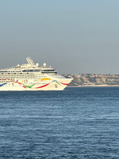 A large white cruise ship, the "Norwegian Dawn," sails on a calm blue sea. The ship features a colorful, wavy design along its hull and has multiple decks with visible windows. In the background, a coastal town with houses and some vegetation is situated on a hillside. The sky is a clear, pale blue. The scene appears to be a sunny day. The location is the coast of Oeiras, Portugal, as indicated by the distinctive coastline visible behind the ship.