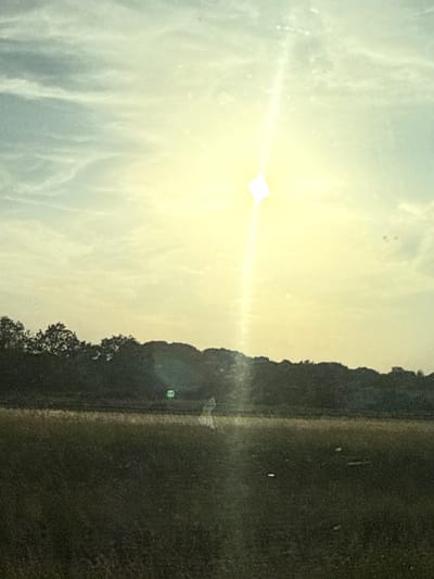 The image shows a bright sky with wispy clouds, likely during the daytime. The sun is visible as a bright white shape with a distinct diamond-like flare, suggesting it might be setting or rising, or that there is a lens flare effect. To the right of the sky, a dark, undulating line of trees forms a silhouette against the bright background, indicating a natural landscape. The ground area to the far right is a darker, textured surface, possibly a field or grass. There are some faint, blurry green and white spots in the sky and on the darker area, which could be further lens flares or light reflections. The overall mood of the image is serene and perhaps a little hazy due to the bright light. There is no visible text. The image is oriented vertically, with the sky occupying the left side and the landscape the right.