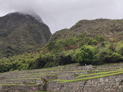 Stone terraces rise up a hillside, dotted with grass and a few figures. Lush green trees and foliage cover the surrounding terrain. A large mountain looms on the left, its peak shrouded in cloud. Another, smaller mountain rises to the right. The sky is overcast, creating soft, diffused lighting.