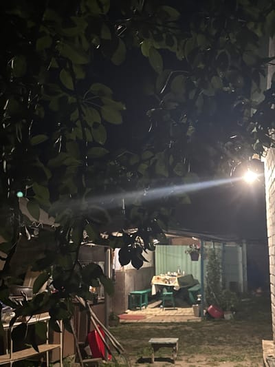 The image depicts a dimly lit backyard scene at night, likely in a residential area. In the foreground, dark green foliage from a tree hangs down, obscuring parts of the view. A bright outdoor light fixture is visible on the right, casting a strong beam across the scene. In the mid-ground, an open-air structure, possibly a veranda or carport, is set up with a table covered by a patterned tablecloth. Several chairs or benches surround the table, some appearing to be made of wood with a green finish. A red basin or bucket and gardening tools are scattered around the area. In the background, indistinct structures and greenery are visible under the artificial light. The overall impression is that of a backyard gathering space at night, with emphasis on the outdoor lighting and the natural elements. The location is Shulhynka, Ukraine.