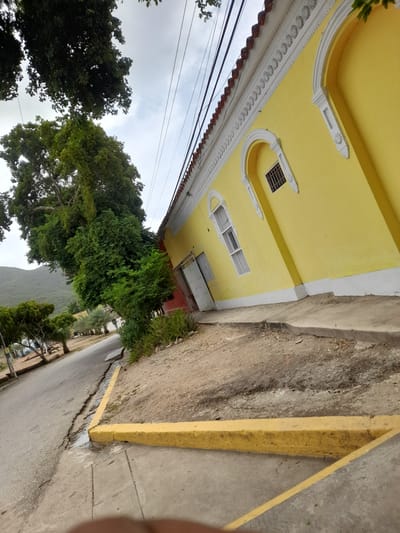 The image depicts a street scene in Tacarigua, Venezuela, characterized by a bright yellow building with white architectural details, including arched window frames and decorative molding along the roofline. The building is partially obscured by lush green trees and foliage, some of which overhang the street. A paved road runs alongside the building, bordered by a concrete curb painted yellow. The road appears to be in moderate condition, with some cracks and unevenness visible. In the background, a hill can be seen, suggesting a semi-rural or suburban setting. The sky is overcast, with visible power lines running overhead. The overall impression is of a warm, somewhat weathered environment, typical of many Latin American towns. There are no people or vehicles clearly visible in the frame, and no specific actions or interactions are taking place.
