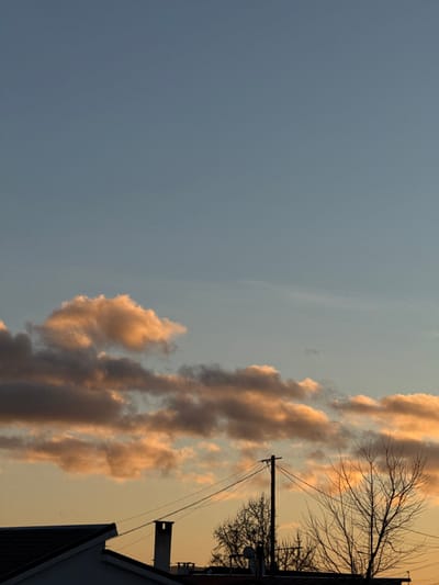A sky, predominantly blue, occupies the left half of the frame. Cumulus clouds, tinged with orange light from the setting sun, stretch vertically along the right side. Bare tree branches and a utility pole with wires are silhouetted against the sky. The edge of a building with a chimney peeks into the lower right corner.