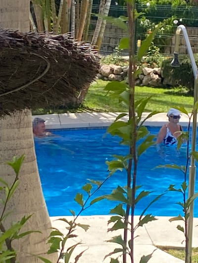 This media file captures a scene at a pool in Resinera-voladilla, Spain. Two individuals are present: one woman wearing a white swim cap and a black and white patterned swimsuit is partially submerged in the bright blue water, and a man, also partially submerged, is visible near the edge of the pool. The pool has a white tiled edge. The surrounding environment suggests a sunny day, with lush green grass, foliage, and rocks visible in the background. A portion of a palm tree trunk is prominent in the foreground, obscuring parts of the scene. The overall impression is of a relaxing outdoor setting. No text is visible in the image.