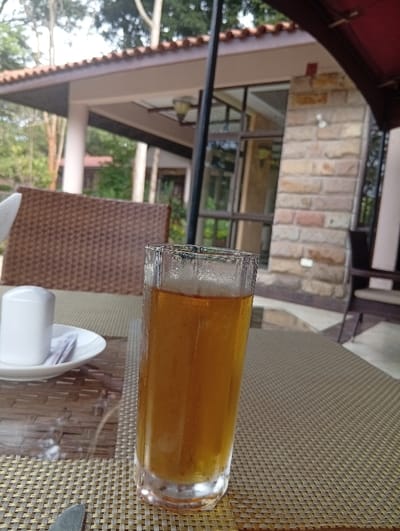 A tall glass of amber-colored liquid sits on a woven table. A white condiment container and small plate holding sticks are nearby. In the background, a wicker chair faces a brick building with large glass windows and a terracotta roof. The scene appears to be an outdoor dining area at a resort or restaurant.