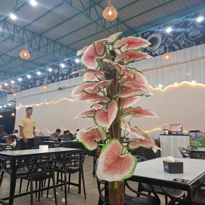 The image shows the interior of a cafe in Matangjareung, Indonesia, with a large artificial plant in the foreground. The cafe has a high ceiling with exposed metal beams and several hanging lamps with woven shades. The walls are decorated with a black mural featuring chalk-style drawings of coffee cups, beans, and other cafe-related items. The seating area is furnished with black tables and chairs. Several patrons are seated at tables in the background, some appearing to be engaged in conversations or looking at their phones. A male employee in a yellow t-shirt walks through the seating area. The overall atmosphere appears casual and busy.