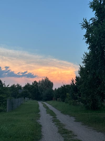 This media file depicts a rural landscape in the Neman rural council, Belarus, during what appears to be sunset. The scene is dominated by a path made of gravel and grass, winding through lush greenery and bordered by a rustic wooden fence on one side. Dense foliage from trees frames the left and right edges of the image.
The sky is a prominent feature, displaying a gradient of colors from a clear, pale blue on the left to vibrant shades of orange and pink in a band of clouds stretching across the center. Darker clouds are interspersed within this colorful display, adding depth and texture to the sky. The lighting suggests the late evening or early morning, with the soft glow of the setting or rising sun illuminating the clouds.
The overall mood of the image is tranquil and serene, evoking a sense of peaceful rural life. The absence of any visible text or human figures further enhances this quiet atmosphere. The natural elements – the path, grass, trees, and sky – are the sole subjects, creating a simple yet captivating natural scene.