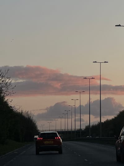 The image shows a view along a road, likely a highway, in the Basildon area of the United Kingdom. A line of street lights runs along the left side of the road. A car, potentially an orange vehicle based on its taillights, is driving on the right side of the road, heading away from the viewer. The roadside is lined with shrubs and trees. The sky is overcast, with streaks of pinkish-grey clouds. The vehicle's license plate is partially obscured.