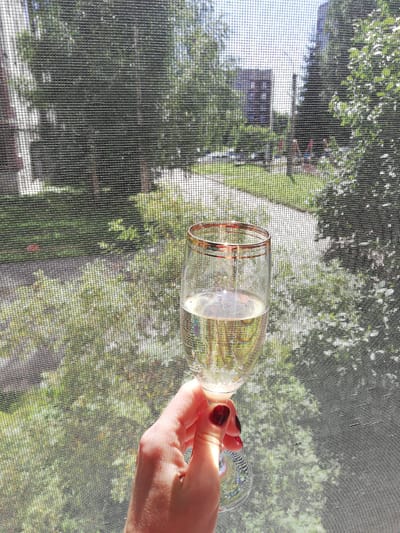 A close-up shot from behind a window screen shows a person's hand holding a stemmed glass of a clear, bubbly beverage. The glass has a gold rim and reflects sunlight. In the background, out of focus due to the screen and distance, is a green, leafy environment with trees and buildings visible. The scene is likely from a residential area in the city of Tosno, Russia, given the context of the provided information. The lighting suggests it is daytime.