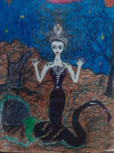 The image is a drawing in a dark, fantastical style. It depicts a female figure with a serpentine lower body, emerging from a rocky, barren landscape under a dark blue, star-filled sky. The figure has pale skin, dark hair adorned with a snake's head, and is wearing a dark, form-fitting dress. Her hands are raised, with long, sharp fingernails. The background features gnarled trees, suggestive of a desolate or otherworldly setting. There is a red moon or planet in the upper right corner and a pinkish cloud-like formation above the figure's head. The ground appears to be composed of brown and reddish earth and rocks, with some patches of dark green vegetation.
There is no discernible connection to the city of Semey, Kazakhstan, in this image. The scene is entirely fantastical and does not depict any recognizable urban or geographical features.