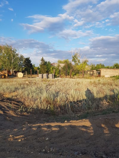 The image depicts an outdoor scene in the village of Dolen, Kazakhstan, characterized by dry, sun-baked vegetation and a rustic rural setting. In the foreground, a dirt path is visible, with shadows cast by unseen objects, possibly a person and a tripod, suggesting the presence of a photographer or observer.
The middle ground is dominated by a field of tall, dry grass, which appears golden and weathered due to the sunlight. Scattered within this field are several objects. To the left, a portion of a yellow piece of machinery, likely a tractor or loader, is partially obscured. Next to it stands a large wooden spool, possibly for cable or wire. Further to the right, a stack of cylindrical concrete objects, resembling pipes or rings, are arranged.
Behind the field, a fence line constructed of wooden posts and wire encloses a slightly more cultivated area. Within this area, several rustic structures are visible. One appears to be a shed or small building with a rough stone or concrete wall and a wooden frame structure attached. Another structure is a wooden shelter with a corrugated roof. A variety of trees, including birch and evergreen varieties, are interspersed throughout the scene, some appearing bare and skeletal, others in full leaf.
The background of the image is a bright blue sky with scattered white and grey clouds, indicating fair weather. The overall impression is one of a somewhat neglected rural area, possibly a farm or industrial yard, bathed in the warm light of either early morning or late afternoon.