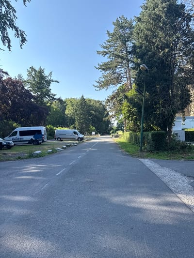 This image depicts a street scene in Damme, Belgium, under a clear, bright sky, suggesting it is daytime, likely morning or afternoon, with fair weather. The perspective is from the side of a paved road, which has a white line marking its edge. The road runs alongside a grassy verge lined with concrete parking blocks and mature trees.
Dominating the left side of the frame are large trees, casting dappled shadows onto the road. One particularly tall tree has a street lamp attached to its trunk. Further down the street, more trees and greenery are visible, interspersed with glimpses of buildings.
Several vehicles are parked along the side of the road. The most prominent are two white vans. One van has the word "Hendriks" written on its side, along with a blue and black logo. A black car is parked behind the "Hendriks" van. Another white van is parked further up the road, appearing to be empty.
The overall impression is a quiet, residential or suburban street lined with trees, with parked vehicles suggesting the area is in use. The clear sky and bright sunlight indicate pleasant weather conditions. The presence of buildings in the background hints at a settled community.