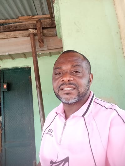 A photograph depicts an adult male in an outdoor setting in Gboko, Nigeria. The subject, positioned centrally and to the right, is a dark-skinned male with a short, graying beard and short dark hair, looking directly at the camera with a slight smile. He is wearing a light pink quarter-zip polo shirt with black piping on the shoulders and sides, and a visible "ACE SHELL" logo on the left chest. To the left of the subject, a dark green, possibly corrugated metal door is visible, next to a light green wall. A small, dark rectangular object is mounted on the wall near the door's upper left corner. A dark, weathered vertical pole stands between the door and the subject. Above the door and pole, rough wooden planks are arranged horizontally beneath a corrugated metal roof section. The wall behind the subject is painted a faded light green. The scene is illuminated by natural daylight.