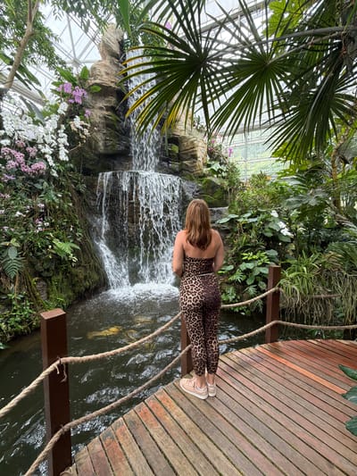 A woman stands on a wooden platform in a lush botanical garden, facing a cascading waterfall. She is wearing a leopard print jumpsuit and light pink sneakers. The waterfall is surrounded by rocks, moss, and a variety of tropical plants, including orchids. The garden appears to be enclosed by a glass roof, suggesting it is a greenhouse or conservatory. The water in the pool below the waterfall has a greenish hue, and two golden fish are visible swimming near the surface. The wooden platform is made of planks and has rope railings. The overall scene depicts a serene and vibrant natural environment within a controlled setting. The location is identified as the Queen Sirikit Botanic Garden in Pong Yaeng, Thailand.