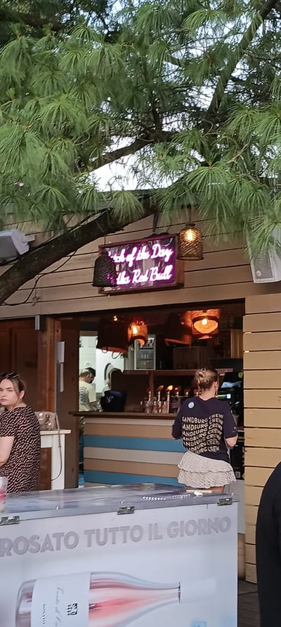 This image appears to be taken outdoors in a casual setting, possibly a bar or restaurant. A woman in a patterned dress is standing to the left, and another woman wearing a dark t-shirt with text and a patterned skirt is standing in the center-right, facing away from the camera. Behind them, a bar area is visible with people working and customers. A neon sign with pink lettering reads "Frish of the Day the Red Bull." The overall environment suggests a relaxed, social atmosphere. There is no indication of the city of Linz, Austria.