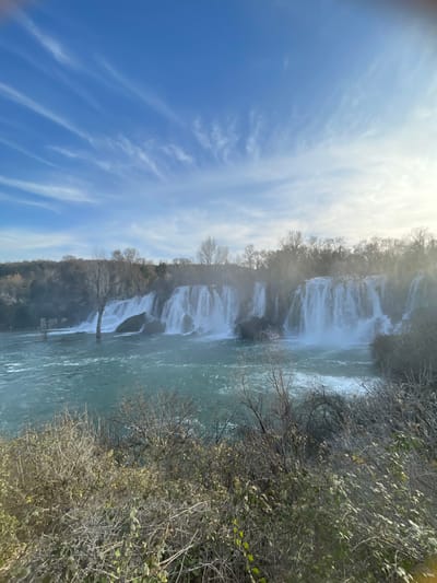 The image displays a panoramic view of the Kravica Waterfalls, located near Zvirići, Bosnia and Herzegovina, under bright daylight conditions. The scene is dominated by multiple wide cascades of white water descending into a broad, turbulent, teal-colored river. Significant mist rises from the base of the falls, creating a hazy atmosphere, particularly on the right side of the frame where direct sunlight is evident.
In the midground, the waterfalls span across the width of the image. A prominent, tall, bare deciduous tree stands partially submerged in the river on the left side, near the initial cascades. Behind the waterfalls, a dense treeline composed of mostly bare deciduous trees forms a natural backdrop, extending along a ridge.
The upper portion of the image features a clear, bright blue sky with scattered, wispy white clouds (cirrus-like) extending horizontally. Sunlight causes a noticeable lens flare or atmospheric haze on the upper right side. The foreground consists of dense, dry-looking shrubbery and bare branches, partially obscuring the immediate riverbank and extending across the bottom quarter of the frame. No individuals or man-made structures are prominently visible within the immediate scene. The overall environment appears natural and undisturbed, devoid of human activity.