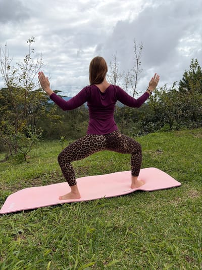 In Ban Khun Wang, Thailand, a woman with brown hair performs a yoga pose on a pink mat laid out on a grassy slope. She is facing away from the camera, wearing a plum-colored long-sleeved shirt and leopard-print leggings. Her arms are extended outwards, with her palms facing upwards. The background consists of trees and a cloudy sky, suggesting an outdoor setting.