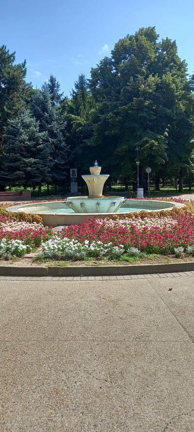 The image shows a tiered fountain in a park in Silistra, Bulgaria. The fountain has a light-colored, possibly concrete, structure with a pale blue trim. Water is actively flowing from the top tier, cascading down into the lower basins. Surrounding the fountain is a circular flower bed filled with a dense arrangement of flowers, predominantly in shades of pink and white, with some interspersed greenery. Beyond the flower bed, a paved walkway is visible, made of small, light-colored stones. In the background, a variety of trees, including evergreens and deciduous trees, form a lush green backdrop under a clear blue sky with a few wispy white clouds. A monument or statue is partially visible behind the fountain to the left, and a lamppost stands to the right of the fountain in the middle ground. The overall scene suggests a well-maintained public park on a sunny day.