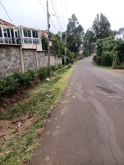 The image depicts a residential street scene in Ewuaso Oonkidong'i ward, Kenya, under an overcast sky. In the foreground, an asphalt road surface occupies the right half of the frame, showing cracks and minor repairs, leading into the distance where it curves gently to the right and ascends. The left side of the road features a dirt and grassy shoulder with sparse vegetation and visible litter, including plastic bottles and wrappers.
To the left, a multi-level perimeter wall constructed from grey concrete blocks with concrete coping runs parallel to the road. Mounted on top of this wall are black metal railings and an electric fence system with multiple horizontal wires and white insulators. Behind this wall, a light-colored residential building with a reddish-brown tiled roof is partially visible. The upper floor of this structure features a prominent enclosed veranda or sunroom with white-framed glass panels and white balustrade-style railings. A satellite dish is affixed to the exterior of the house near the roofline.
Two wooden utility poles, strung with multiple overhead power lines and communication cables, stand along the left side of the road; one is positioned in front of the wall, and another further down. Dense green foliage and tall trees, possibly eucalyptus, line both sides of the road, particularly on the right, obscuring distant views. No individuals, vehicles, or specific activities are present in the frame.