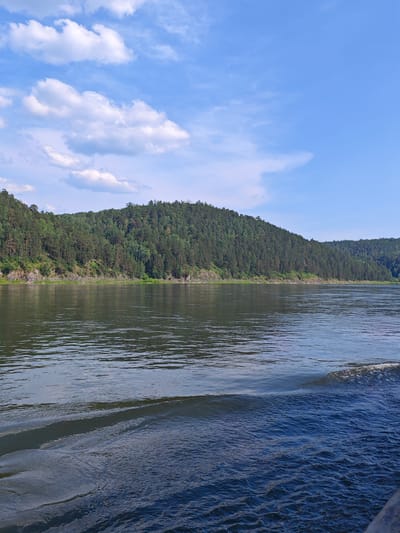 The image depicts a wide, calm river flowing in front of a densely forested hillside. The hillside is covered with a variety of green trees, predominantly coniferous, with some rocky outcrops visible along the waterline. The sky above is a clear blue, dotted with scattered white clouds. The foreground of the image shows the river's surface with gentle ripples, indicating movement, possibly from a boat. The water is dark and reflects the sky and the surrounding landscape. The scene appears to be a natural landscape, likely situated along the banks of the Yenisei River, which flows through the city of Predivinsk, Russia, known for its scenic riverine environment. There are no people or man-made structures immediately visible in the frame, emphasizing the natural beauty of the location.