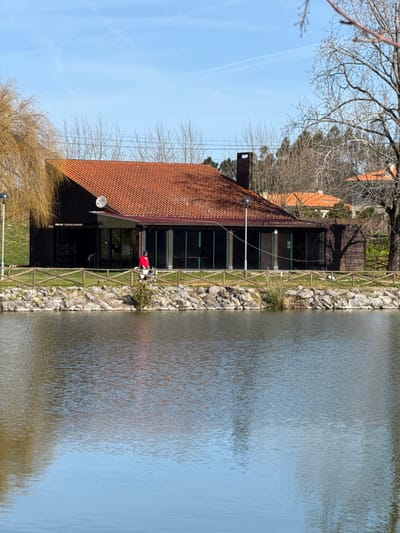 The image depicts an outdoor scene in Cantanhede, Portugal, featuring a lake in the foreground and a building on its bank under a clear blue sky. A single-story, dark-paneled building with a terracotta-tiled gable roof, a dark chimney, and a satellite dish on its roof occupies the midground. Its facade facing the water consists of large, dark-tinted glass panels. Two black streetlights with spherical tops are positioned on the grass strip in front of the building. Between the building and the lake, a low wooden post-and-rail fence runs parallel to the shore, backed by green grass. The lake's edge is reinforced with a bank of light-colored rocks. One individual, wearing a red top and dark trousers, is walking to the left on the grass behind the fence, accompanied by a white and dark-colored dog on a leash. Bare deciduous trees are visible behind the building and to its right, while a large tree with light-colored, drooping branches is present on the far left. The sky is bright blue with faint contrails. The water reflects the sky and surrounding elements with ripples.