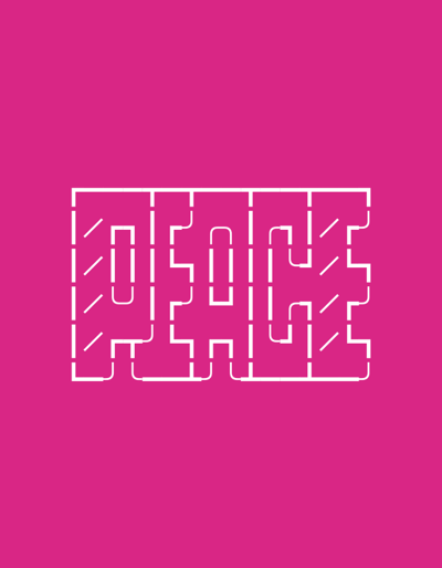 This media file features the word "PEACE" rendered in a stylized, abstract font. The letters are formed by white lines against a vibrant fuchsia background. The text itself is constructed with a grid-like pattern, where each letter is segmented and appears to be a maze-like structure. Some of the lines within the letters are diagonal or curved, adding to the unconventional design. The overall impression is modern and graphic. There are no people, objects, or a discernible scene or setting. The image does not depict any activity or event. There are no specific details regarding time of day, weather, or location cues. The emotion conveyed is abstract, likely intended to be associated with the concept of peace. The only visible text is the word "PEACE".