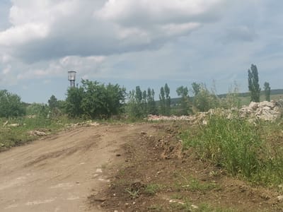 This image depicts a rural or semi-rural landscape in Zhivkovo, Bulgaria, under an overcast sky. A wide, light-brown dirt road curves through the foreground and mid-ground, showing tire tracks and small stones. On either side of the road, the ground is a mix of exposed dark soil and vibrant green grass and weeds.
In the mid-ground, to the right, large piles of light-colored rubble or construction debris are visible, partially covered by tall, wild grass. A line of slender, tall trees, possibly poplars, stretches across the mid-ground and into the background on the right. On the left side of the frame, a dense mass of green deciduous trees and bushes forms a buffer.
A notable object is a tall, metal water tower with a distinct, enclosed cabin-like structure at its apex, positioned on the left, rising above the tree line. In the far distance, hints of a landscape with trees and potentially distant buildings with reddish roofs can be seen on the horizon.
The sky is largely covered by large, fluffy grey and white clouds, indicating an overcast but bright daytime. There are no people visible in the scene, and no discernible text. The overall impression is one of a quiet, somewhat wild or undeveloped area, with elements of utility (water tower) and potential past or ongoing activity (rubble, dirt road).