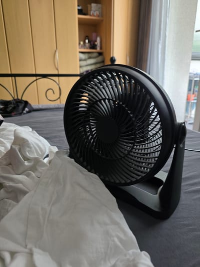 This media file shows a black oscillating fan positioned on a bed with dark grey bedding. The fan has a circular grill with thin, closely spaced slats. A portion of a wooden dresser with several drawers is visible in the background to the left of the fan, along with items on top of the dresser, suggesting a bedroom or living space. To the right of the fan, a pile of crumpled white fabric, possibly sheets or clothes, is prominently displayed.
The lighting suggests it is daytime, with natural light streaming in from a window, which is partially visible at the top of the frame. The overall mood is casual and domestic. There is no visible text in the image. The context provided places this scene in Frankfurt, Germany.