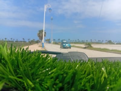 The image captures a vibrant, low-angle perspective looking over a patch of artificial green grass in the immediate foreground, which is in sharp focus. Behind the grass, a dark gray barrier or edge is partially visible.
The scene transitions to a blurred midground featuring a paved road or pathway. A light blue or turquoise car is seen driving on this road in the distance, heading away from the viewer. To the left of the road, a distinct white lamppost with a blue lantern-style fixture stands tall. Further along, another less distinct utility pole is visible.
The background is heavily blurred but reveals a landscape with scattered palm trees and low vegetation. In the far distance, a vast expanse of lighter blue, likely the sea, meets a clear, bright blue sky adorned with sparse, wispy white clouds.
No people are visibly present. The bright, clear lighting indicates it is daytime, likely midday or early afternoon, under sunny weather conditions. The setting, with palm trees, a coastal road, and the visible sea, is characteristic of a seaside town. The image evokes a sense of calm and openness. Given the location context of Martil, Morocco, this depiction aligns with its Mediterranean coastal environment. No visible text is present.