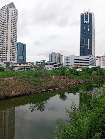 The image depicts a canal in Bang Kaeo Subdistrict, Thailand, with an urban skyline in the background. On the left, a tall, white, curved residential building with many balconies dominates the view. To its right, a dark, rectangular glass skyscraper stands tall. Further in the distance, several other modern buildings of varying heights and designs are visible, suggesting a developed commercial or residential area. The canal in the foreground reflects the cloudy sky and the surrounding buildings. The banks of the canal are lined with lush green vegetation, including trees and tall grasses, contrasting with the urban structures. The scene appears to be taken on an overcast day, with muted natural light. There are no people or animals visible in the frame, and no discernible actions or interactions are taking place.