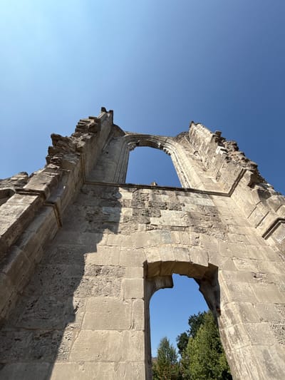 The image shows the ruins of a Gothic-style church, likely the Walkenried Abbey, located in Walkenried, Germany. The photograph is taken from a low angle, looking up at the stone ruins against a clear blue sky. The focus is on the weathered stone structures, including arched openings and crumbling walls, which are constructed from large, rough-cut blocks. Sunlight casts shadows across the textured surfaces of the stone. In the lower right portion of the frame, through an archway, a section of green trees is visible against the blue sky. The overall impression is one of historical decay and enduring architecture.