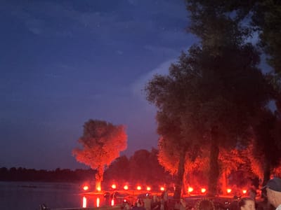 An outdoor nighttime scene takes place at the Chiemsee lake in Rimsting, Germany. The sky is a deep blue, transitioning to a lighter shade towards the horizon, with subtle cloud formations visible. The foreground features a body of water, likely the Chiemsee, with reflections of lights shimmering on its surface. Along the shoreline, a line of trees is illuminated by numerous red lights, creating a striking visual effect. These lights appear to be placed at the base of the trees and also scattered along the edge of the water. A single, larger tree on the left side of the image is also prominently lit with red light, making its foliage glow.
In the middle ground, a group of people are gathered, partially obscured by the trees and the low light conditions. They appear to be standing and sitting, engaged in some form of social gathering or event. Some individuals are clearly visible, while others are more indistinct. One person in the lower right corner is wearing a dark baseball cap and looking towards the right side of the frame. The overall atmosphere suggests an event or celebration taking place by the lake at night, enhanced by the dramatic red lighting. The background consists of a silhouetted treeline across the lake, further emphasizing the nocturnal setting.