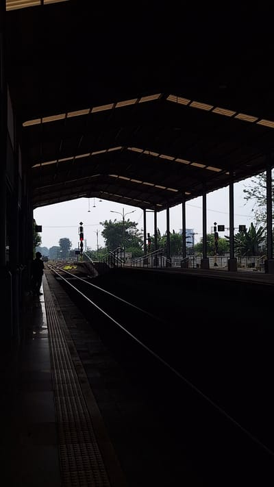 The photograph depicts a railway station in Karawang, Indonesia, taken from an elevated platform. The station is partially covered by a dark, angled roof structure with horizontal slits allowing slivers of light to penetrate. Across the tracks, signals stand, with red lights illuminated. Greenery is visible beyond the railway infrastructure, including trees and other vegetation. A person is barely visible in shadow on the platform. The station platform has a patterned tile surface and a tactile paving strip along the edge. The view extends into the distance, showing structures partially obscured by trees.